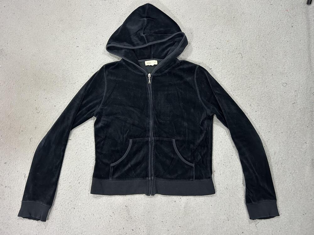 Ambiance Hoodie Womens Small Black Velour Full Zip Cropped Y2K Emo Goth